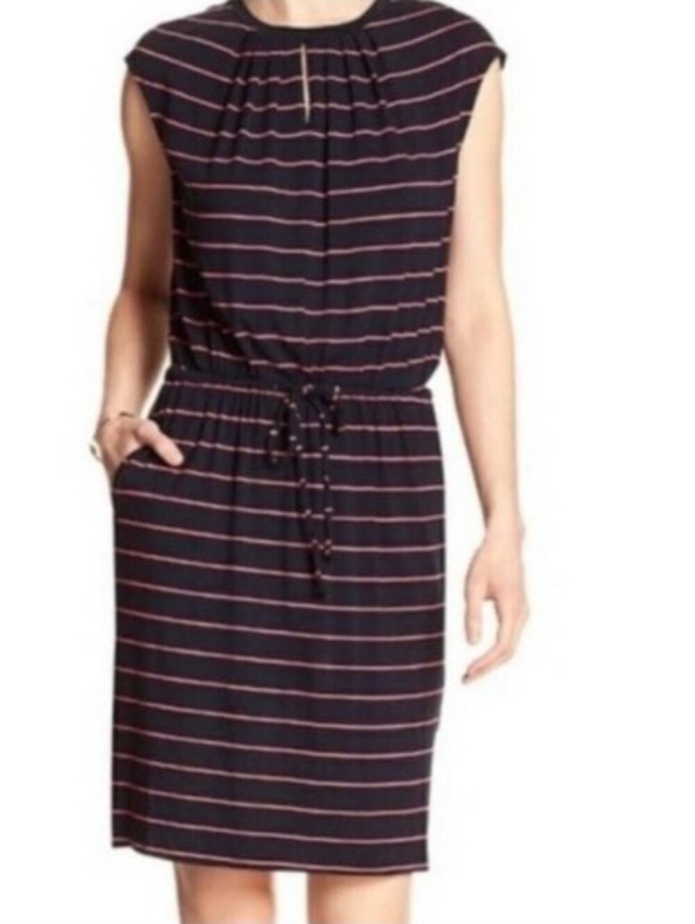 Banana Republic Striped Mini Blue Pink Dress With Tie Waist T-Shirt Rayon Sz XS